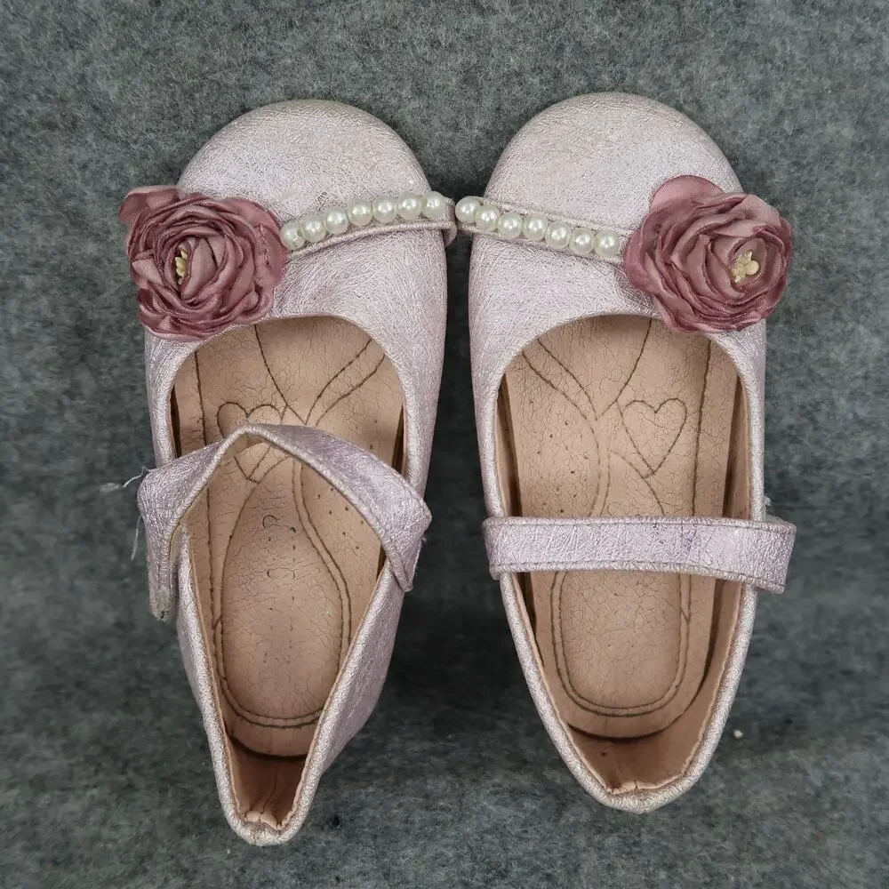 Girls Shoes Kids Toddler 8 Mary Jane Flats Pink Hook and Loop Pearl Rose Sparkle